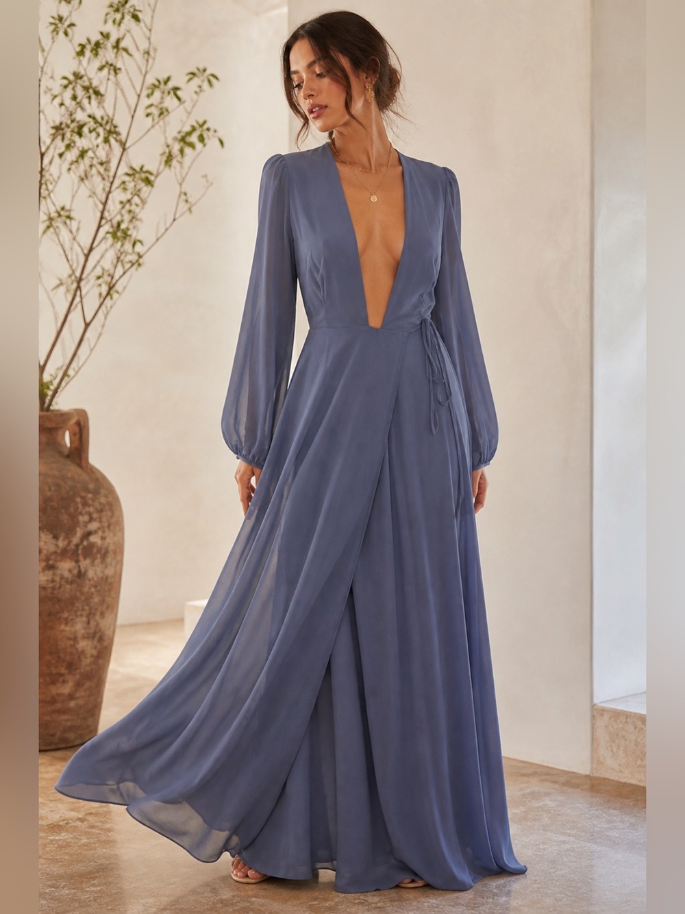 Tobi Blue Maxi Wrap Dress Deep Plunge Long Sleeve Formal Boho Medium